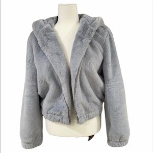 Women's Hooded Faux Fur Teddy Jacket- Gray
